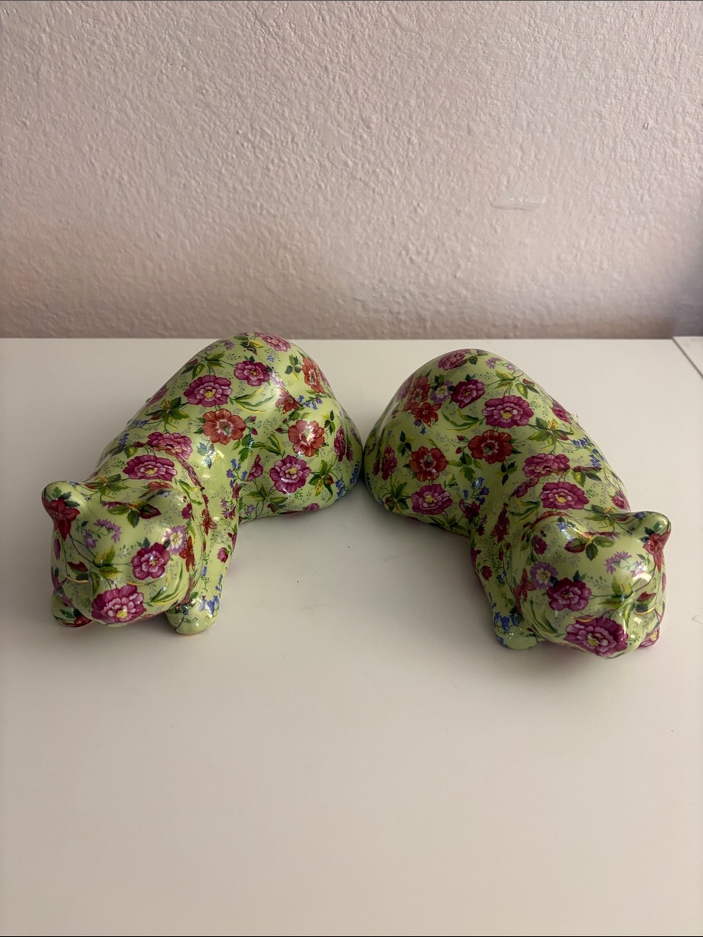 Floral Ceramic Cat Figurine Pair - Lime Green